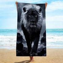 Majestic Black Lion Beach Towel, Powerful Wild Lion on Stormy Rock Pattern Bath Towel, Bold Safari & Nature Vacation Blanket 27x55inch 70x140cm gray