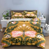 3Pcs Mystical Boho Bedding Set, Pink Lunar Moth with Stars and Flowers Print Duvet Cover, Whimsical Bedroom Decor US Twin 173X218cm&set