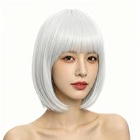 Cosplay Vibrant Bob Wig Fluffy Short Straight Bob Hair Halloween Colored Bangs Wig  Themed Events white