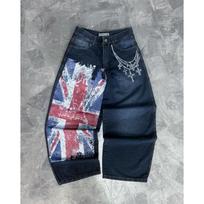 Mens Wide Leg Jeans UK Flag Cross Embroidery Vintage Streetwear Denim Pants S gray
