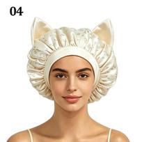 Satin Sleep Bonnet for Women with Cat Ears, Cute Night Cap for Curly Hair, Anti-Frizz Hair Protector, Curl Definition Hat