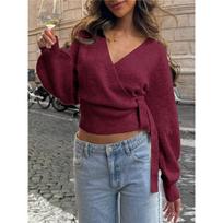 European And American Cross V-neck Bottoming Sweater Autumn And Winter Irregular Straps Elegant Short Blouse Women XL black