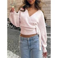 European And American Cross V-neck Bottoming Sweater Autumn And Winter Irregular Straps Elegant Short Blouse Women S gray