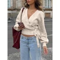 European And American Cross V-neck Bottoming Sweater Autumn And Winter Irregular Straps Elegant Short Blouse Women XL gray