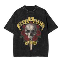Washed T Shirt Guns N Roses Metal Rock  Hip Hop Vintage T-Shirts Street  Streetwear 100% Cotton Summer Tops Tees for Men Women M black