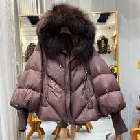 European winter new big fur collar real fur hooded down jacket women's medium and long loose thickened coat tide XL black