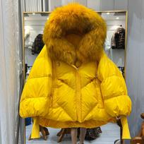 European winter new big fur collar real fur hooded down jacket women's medium and long loose thickened coat tide L brown
