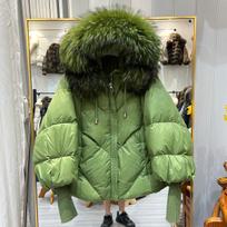 European winter new big fur collar real fur hooded down jacket women's medium and long loose thickened coat tide M