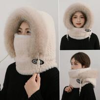 Women Fleece Balaclava Hat with Face Mask, Thickened Windproof Full Cover Hood, Warm Cycling Winter Cap gray