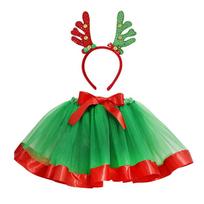 Cute Christmas TUTU Skirt Set for Kids 2-Piece Set for Height 80-140cm Antler Headband Party Girls Performance Outfits green