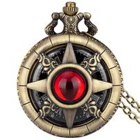 Bronze Vintage Compass Star Pocket Watch Red Gem Hollow Roman Numerals Quartz With Chain Steampunk Retro Men Pendant Watch beige
