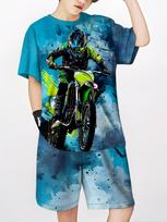 Boys 2Pcs Summer Outfit Dirt Bike Print Short Sleeve T-Shirt + Shorts Set  Casual Sportswear Kids Streetwear Tracksuit 150