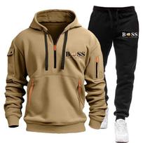 Men's Plus Velvet Tassel Multi-Zipper Pocket Hoodie & Sweatpants Set (2026 New Arrival) L beige