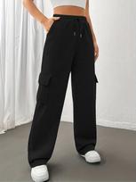 2025 Women's Solid Color Cargo Pants with Pockets, Elastic Waist, and Drawstring - Sporty and Casual Long Fit S white