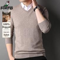 FORTEI Men's Pure Wool Faux-Layer Knit Sweater L šviesios chaki spalvos