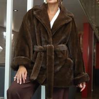 KOSY Women Faux Fur Coats Jackets Turn Down Collar Mid Length Coat Thick Warm Y2k Streetwear Jacket Elegant Lace Up Autumn Winter XXXXL black