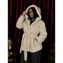 Womens Faux Fur Hooded Belted Coat With Drawstring Waist Streetwear Winter Outerwear XL beige