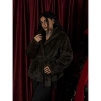 Womens Faux Fur Hooded Belted Coat With Drawstring Waist Streetwear Winter Outerwear Medium