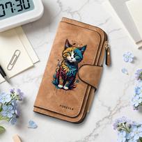Cute Cat Pattern Long Wallet Fashion Portable Purse for Women Casual Card Holder Multifunctional Wallet with Zipper beige