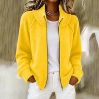 Women's Relaxed Fit Color Zip-Up Knit Cardigan with Stand Collar for Everyday Wear L yellow