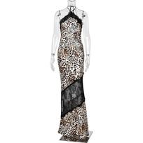 European and American women's clothing sexy temperament Spice girls wear leopard print splicing lace perspective neck halter fishtail dress in autumn S