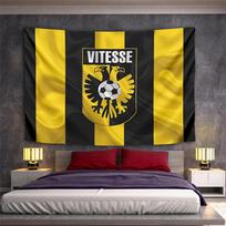 Black and yellow vertical stripes with a shield featuring  Vitesse  text. Patterned tapestry for bedroom and living room home decor 180x230cm(70x90in)