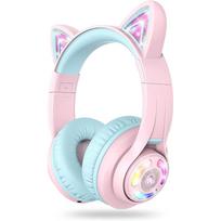 iClever BTH13 Wireless Kids Headphones Pink with Cat Ears, LED Lights, Volume Limiting (74/85 dBA), 45H Playtime, Microphone