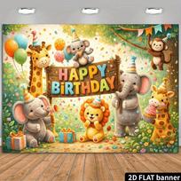 Playful Birthday Animal Elephant Giraffe Lion Monkey Koala Banner, Polyester Porch Wall Hanging Sign 180x110cm(70.8x43.3inch)