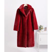 Womens Long Faux Fur Coat With Rabbit Hair Blend Warm Winter Outerwear Street Style Slim Fit L-XL red
