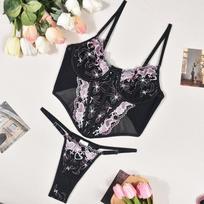 Sexy gathering fishbone sling chest wrap embroidered thong sexy underwear set L