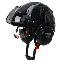 CE Carbon fiber Safety Cap w/ Adjustable Vent Slot Double Goggle Earmuffs ABS Safety Helmet for Engineer Construction Work Hat Black Set A