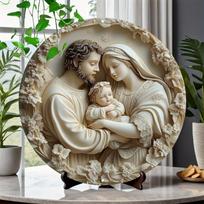 Creative 'Holy Family of Jesus' Round 2D wooden Logo, Home Decor, Vintage-Inspired Jesus Birth Plaque, Ideal Gift for Friends 20x20cm 7.87x7.87in gray