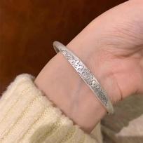 Vintage Ethnic Peony Pattern Solid Open Bangle Bracelet For Women Niche Silver Plated 1PC