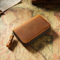 Crazy Horse Leather Car Key Holder - Top Layer Cowhide, Zipper Closure, Anti-Lost Hook, Convenient Design