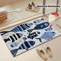 A Blue Striped Fish Design Bath Mat, Made of Faux Material with a Soft Plush Texture. It Is Ideal for Use in Bathrooms, Doorways, Kitchens, and Other 40X60CM gray