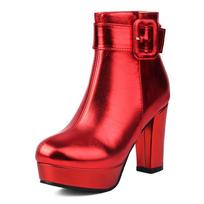 Metalinės raudonos auksinės platforminės ankle boots moterims, aukšti stori kulniukai, sidabrinės rožinės, vakarui, moteriškos, žiemos pliušinės, punk stiliaus, su sagtimi, trumpučiai batai 43 red
