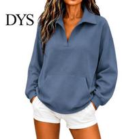 Kangaroo Pocket Sweatshirt Women V-Neck with Pocket, Fit Drop-Shoulder Pullover Drop Shoulder Top, Loose Casual Long Sleeve Top for Autumn Winter Skin M jūros mėlyna spalva
