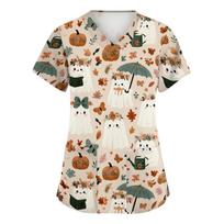Women's V-Neck Short Sleeve Scrub Top with Pockets Halloween Print Uniform for Work XXL beige