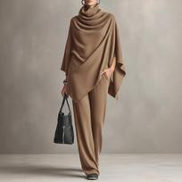 Women's Cozy Cowl Neck Cape Top and Wide Leg Pants Two Piece Set for Casual Daily Wear S kupranugaris