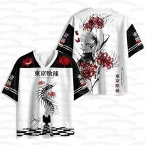 Summer Men's Women's Kaneki Ken Anime Print Jersey Y2K V-neck Short Sleeve T-shirt Anime Streetwear Cosplay Sport Top XL gray