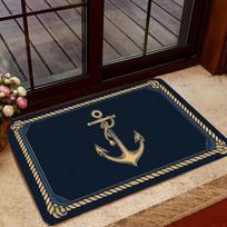 Nautical Anchor Navy Blue Flannel Door Mat, Gold Rope Border Anti-Slip Absorbent Rug for Entryway & Bathroom, 40X60CM gray