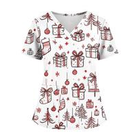 Women's Halloween Print V-Neck Scrub Top with Pockets, Short Sleeve and Side Slits S balta