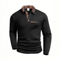 Men's Spring Autumn Solid Color Plaid Pocket Lapel Long Sleeve Sports Polo Shirt S black