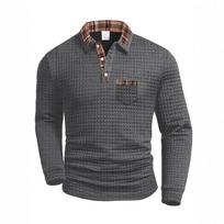 Men's Spring Autumn Solid Color Plaid Pocket Lapel Long Sleeve Sports Polo Shirt L gray