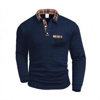 Men's Spring Autumn Solid Color Plaid Pocket Lapel Long Sleeve Sports Polo Shirt XXXL tamsiai mėlyna spalva