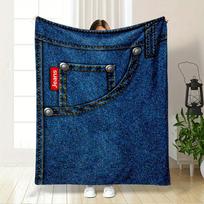 Denim fabric with a pocket design, visible stitches, rivets, and a label. for all seasons blanket lunch break throw gift 130cm x 150cm