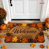Autumn Welcome Entrance Mat Autumn Leaf Rustic Wood Print Fleece Floor Mat, Fun Carpet Machine Washable Pointed Bottom, Indoor Outdoor Universal, Holi 40X60CM black
