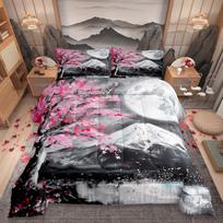 Japanese Ukiyoe Set Queen Size Fuji Mountain Scenery Quilt Set for Women Teens Men Home Room Decor Pink Cherry Blossoms Tree 140*200cm/55x79in Single/Twin 3pcs