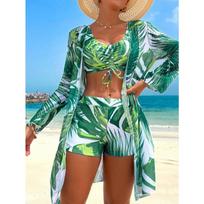 Women Printed Three Piece Swimsuit With Mesh Cover Up And Shorts For Beach Vacation M