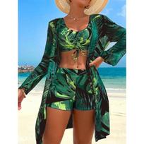 Women Printed Three Piece Swimsuit With Mesh Cover Up And Shorts For Beach Vacation XXL blue